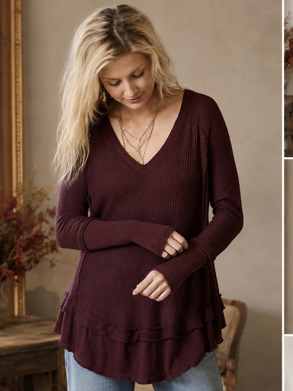 Free People We The Free Laguna Thermal Top Burgundy Ruffle Hem Long Sleeve Small